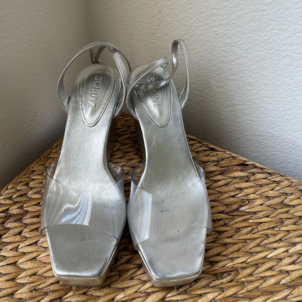 Schutz Divany leather wedge sandal in silver and clear